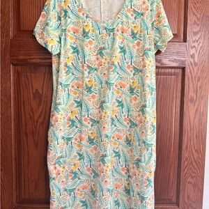 Duluth Trading Co Tropical Print Midi Dress - Orange, Green, Yellow